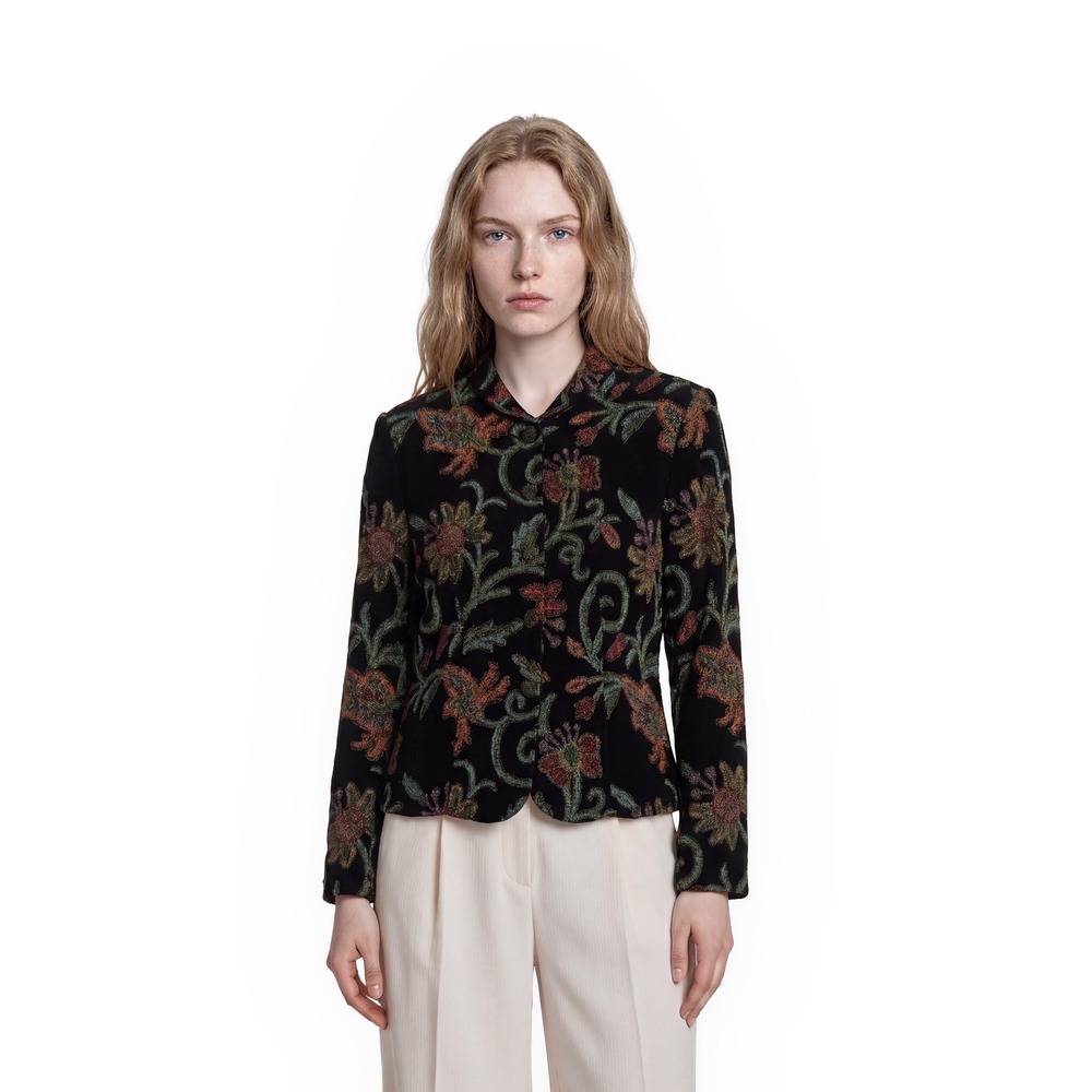 M.D.L.Vintage Tapestry Blazer Jacket Womens Size 10 Black Floral Mandarin Collar
